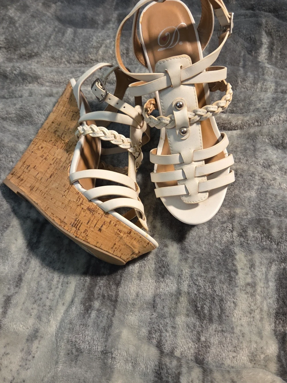 Delicious Cream Braided Strappy Cork Wedge Sandals